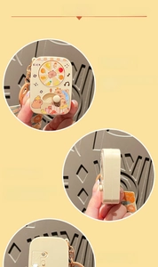 Three-sided view of Capybara spinning keychain featuring cartoon fruit and Rich prints