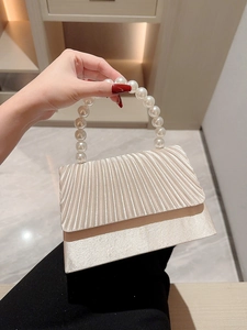 Pleated Satin Evening Bag With Artificial Pearl Handle Elegant Socialite Flap Handbag For Wedding Party Formal Square Bag