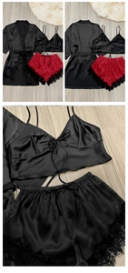 Detail of three-piece satin sleepwear set with floral lace trim and tie-waist robe