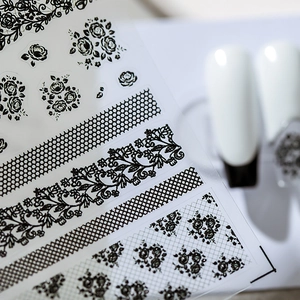 Stereo black and white floral lace nail art stickers with roses and mesh vine patterns