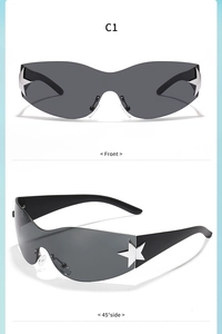 Detailed front and 45-degree side view of kids Y2K wrap-around sunglasses with star studs