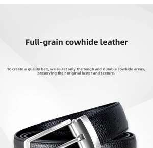 Macro detail of men's genuine black cowhide leather belt and brushed metal alloy buckle