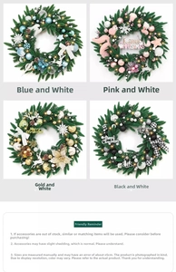 Détails de quatre couronnes de Noël en bleu, rose, or et motifs à carreaux noirs