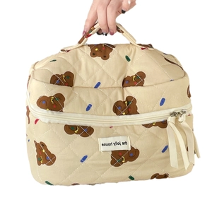 Beige quilted cotton cosmetic bag with brown bear prints and a sturdy top handle
