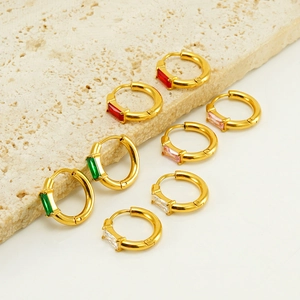 French minimalist gold hoop earrings with baguette zircon in four diverse colors
