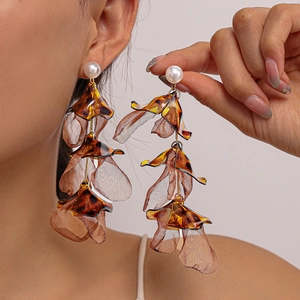 Floral Petal Dangle Earrings With 925 Sterling Silver Earring Post Acrylic Chiffon Faux Artificial Pearl Retro Jewelry For Women