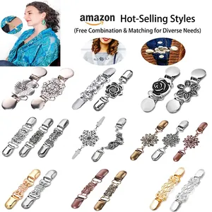 Vintage metal cardigan clips with floral patterns and retro embossed designs in antique finishes