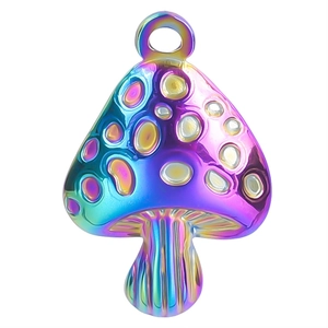 Rainbow plated stainless steel mushroom pendant with textured dots and metallic luster