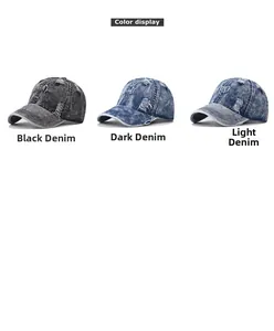 Detailed comparison of washed distressed denim baseball caps with ripped holes in three colors