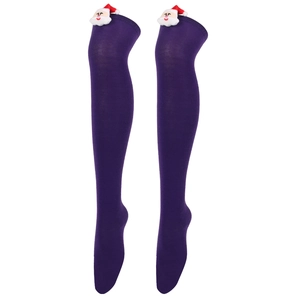 Detail of purple over-knee socks featuring a 3D Santa Claus doll and fine knit texture