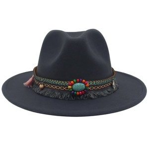 Bohemian Wide Brim Fedora Hat Ethnic Wool Felt Western Cowboy Hat With Turquoise And Tassel Decoration For Men Women