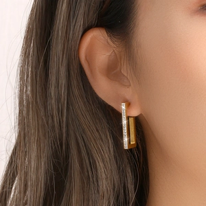 Modern 18K gold plated rectangular hoop earrings with paved white diamonds for women