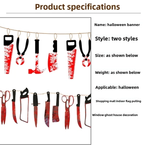 Detailed close-up of bloody Halloween banner showing realistic prop saws and cleavers