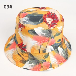 Artistic yellow fisherman hat with colorful lion and floral prints in a high-quality studio view