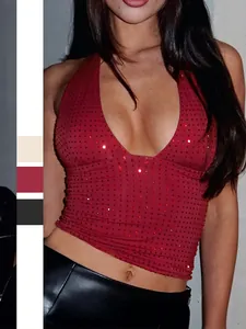 Women Sexy Halter Top Sequin Deep V Neck Backless Slim Fit Clubwear Party Y2K Glamorous Shiny Polyester Spandex