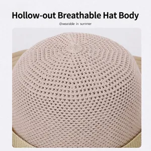 Breathable hollow knit summer sun hat for men in beige with adjustable wide brim design