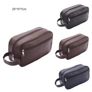 Three-color waterproof PU leather toiletry bags showing 25x15x7cm size and texture