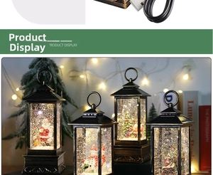 Detail of USB power cable and vintage bronze Christmas lanterns with festive scenes