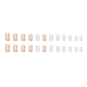 Pink and white square press-on nails with gold foil flakes and heart accents set