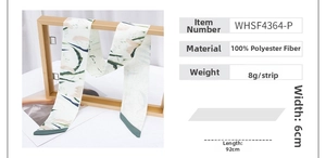 Detail of a 92x6cm polyester silk scarf with green botanical prints and size specifications