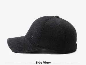 Side view showing the thick charcoal grey wool texture and metal shield badge of the cap