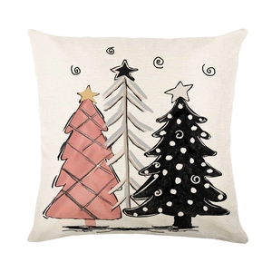 Christmas pillowcase with hand-drawn pink and black trees on linen textured fabric