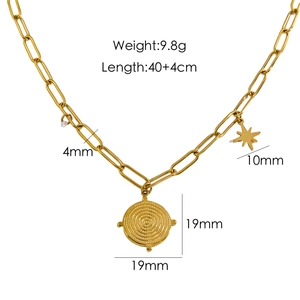 14K gold plated stainless steel paperclip chain necklace with round pendant 40+4cm