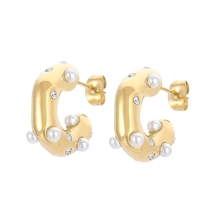 18K gold plated C-shaped earrings with white pearl and sparkling zircon accents
