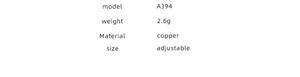 Detailed specifications for adjustable copper fox ring model A394 weighing 2.6g