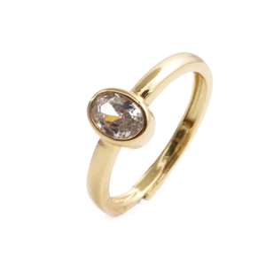 Gold plated adjustable open ring featuring an oval clear cubic zirconia centerpiece