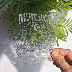 Close-up of holographic suncatcher window cling with rainbow prism effect and floral motifs