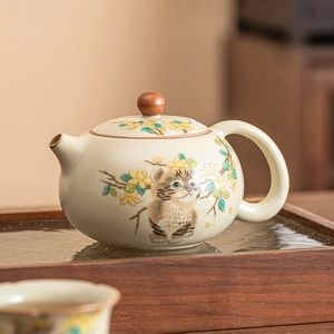 Hand-painted Ru Kiln ceramic teapot with cat and plum blossom patterns on wooden tray