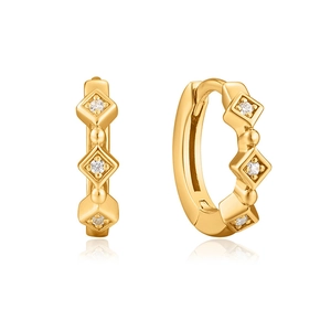Gold-plated geometric diamond-shaped hoop earrings with micro-pave white zircon stones