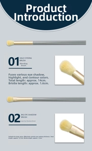 Detail view of 01 blending and 02 eyeshadow brushes showing exact dimensions and soft fiber bristles