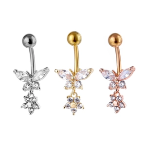 Piercing De Nombril 316 Acier Médical Cuivre Zircone Papillon Fleur Pendentif Bijoux Pour Femmes