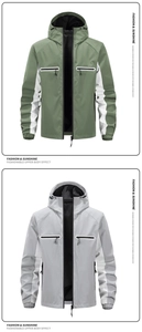 Dettaglio delle giacche a vento con cappuccio in verde militare e grigio con zip a contrasto