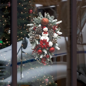 Christmas snowman pinecone wreath wall sticker with red baubles for home window decoration