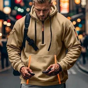 Men's khaki tactical fleece hoodie with arm zipper pockets and warm fleece lining