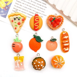 Set of 10 mini resin food charms including pizza and burger with metal hanging loops
