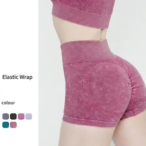 Women High Waist Acid Wash Seamless Yoga Shorts Butt Lifting Ribbed Gym Fitness Athletic Shorts Breathable Elastic Activewear
