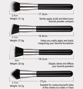 Detail view of 4-piece makeup brush set with dimensions, weights and black-white ombre bristles
