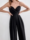 Elegant black strapless wide-leg jumpsuit with high waist and pleated bodice for formal events