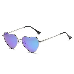 Retro heart shaped sunglasses with silver metal frame and purple gradient lenses