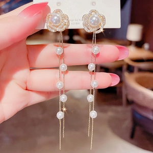 Elegant floral pearl tassel earrings with diamond accents and 925 silver needles