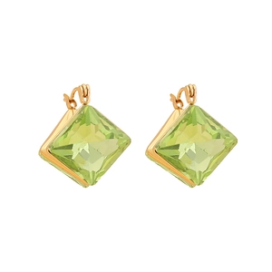 Minimalist gold stainless steel earrings featuring geometric square green crystal drops