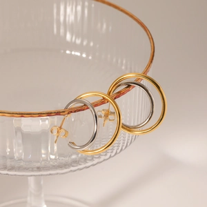 Minimalist double layer round titanium steel earrings in gold and silver finish