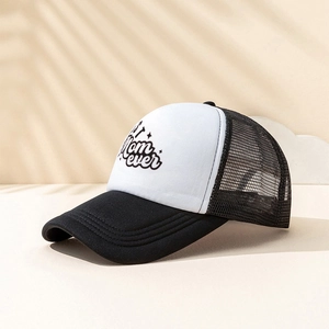 Detail showing the breathable black mesh back and Best Mom Ever print on trucker cap