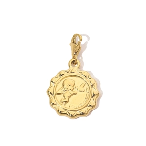 Detail of a golden angel relief pendant with a lobster clasp on white background