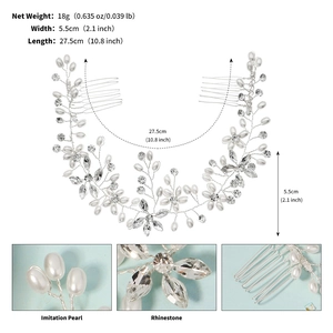 Detailed view of silver bridal hair vine with pearls and rhinestones showing size and materials