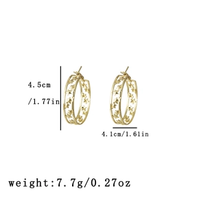 Detail view of gold hoop earrings showing 4.5cm diameter and 7.7g weight specifications